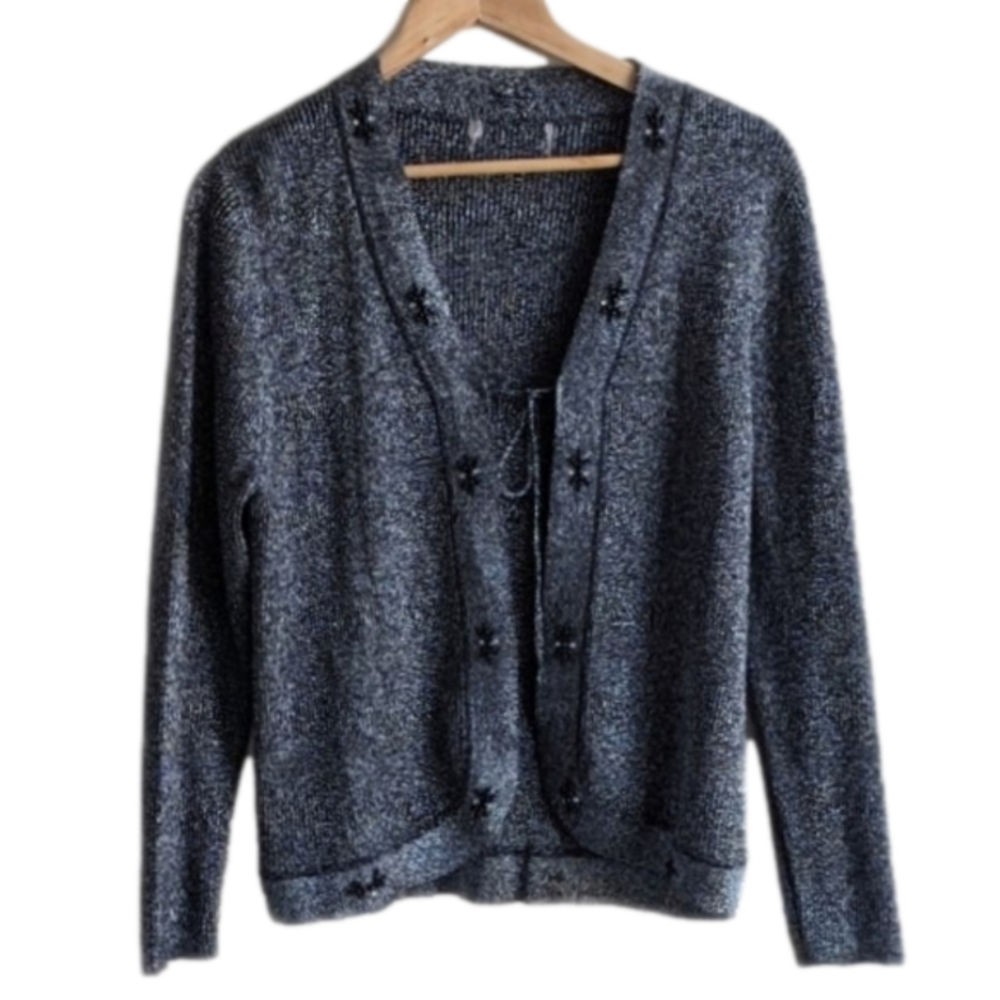 Vintage Cardigan Metallic Silver Beading Size L